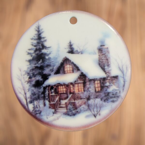 Winter Log Cabin Snowy Winter Ceramic Ornament