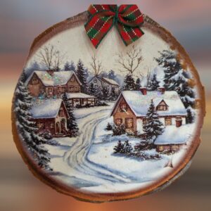 Winter Snowy Cabins and Village Woodsie Ornament